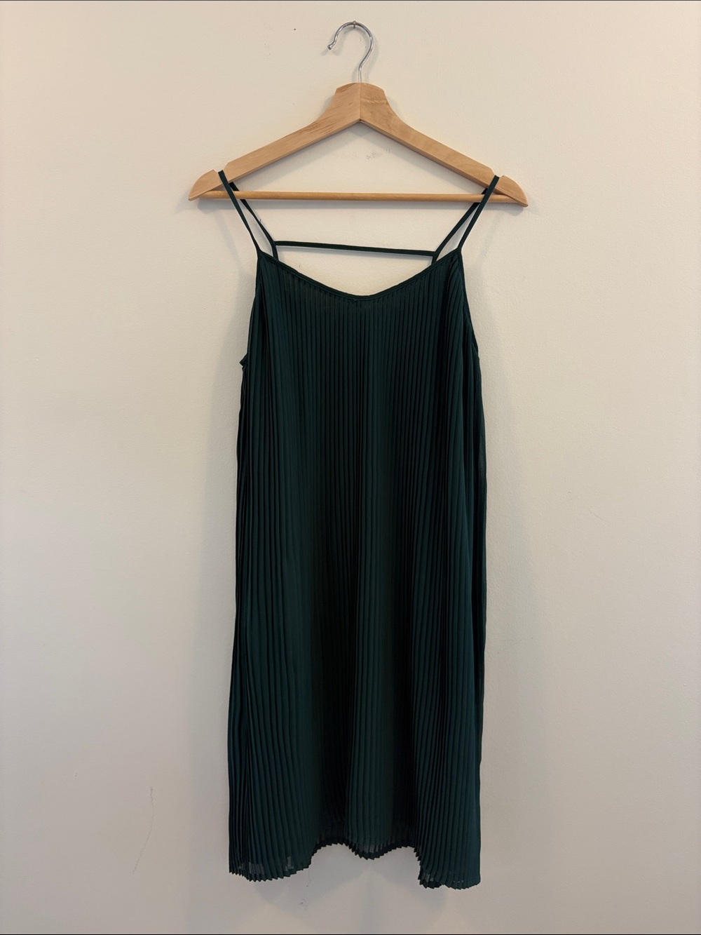 Pleated Spaghetti-Strap Midi Dress in Forest Green